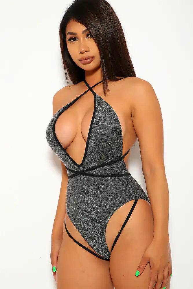 Strappy Black Silver Shimmer One Piece Swimsuit - AMIClubwear
