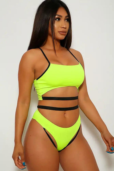 Strappy Neon Lime Black Two Piece Swimsuit - AMIClubwear