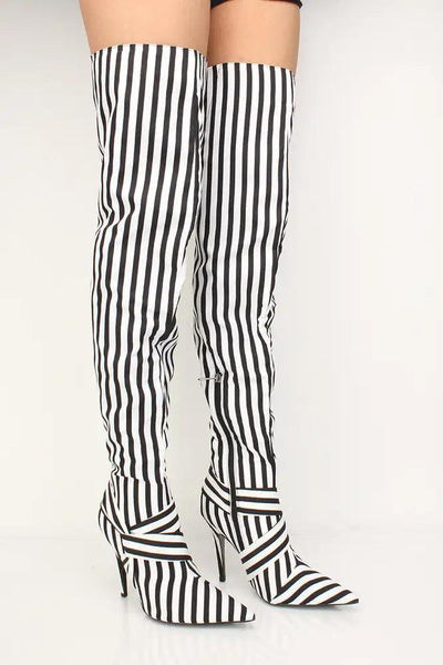 Stripe Pointy Toe Thigh High Boots Faux Leather - AMIClubwear