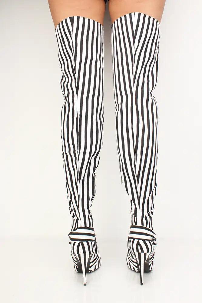 Stripe Pointy Toe Thigh High Boots Faux Leather - AMIClubwear