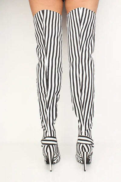 Stripe Pointy Toe Thigh High Boots Faux Leather - AMIClubwear