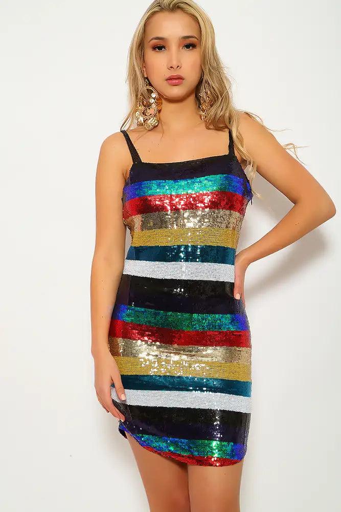 Stripe Sequins Sleeveless Party Dress - AMIClubwear