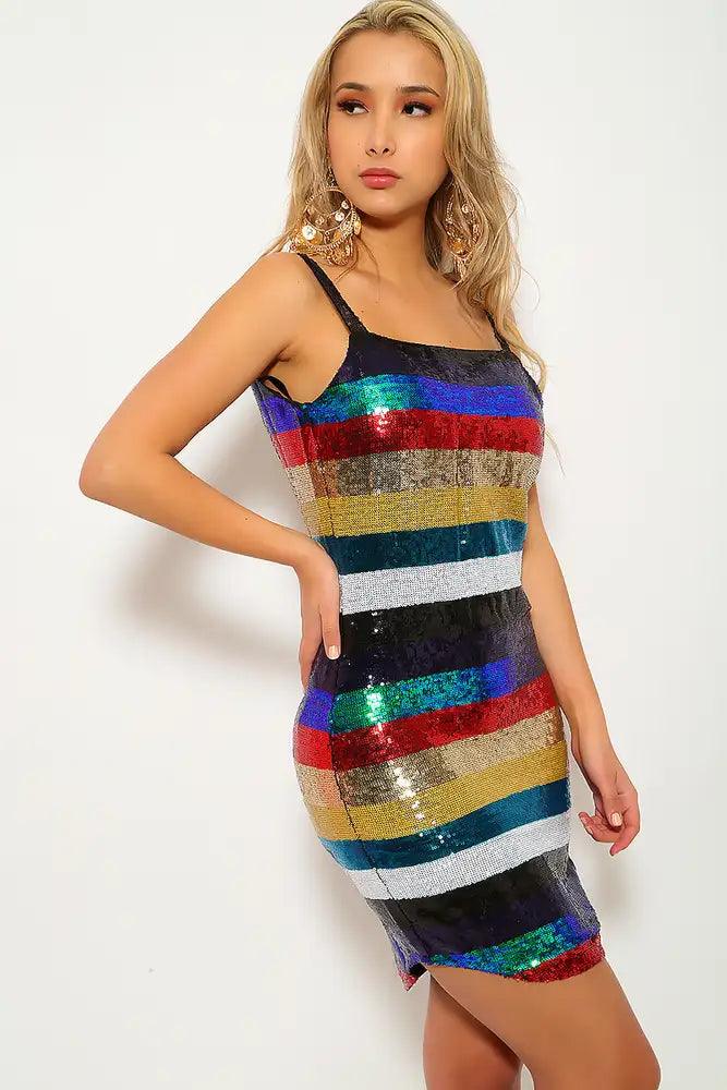 Stripe Sequins Sleeveless Party Dress - AMIClubwear