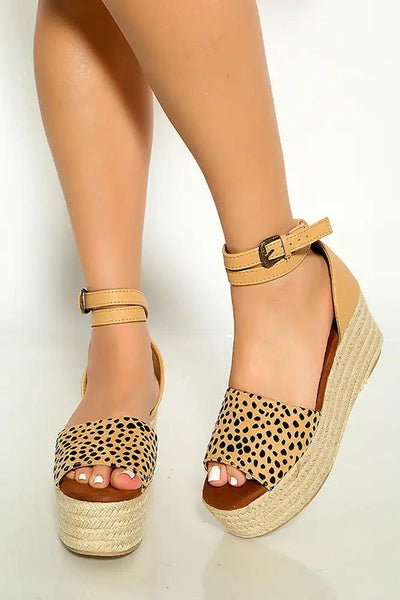 Tan Animal Print Wrap Around Ankle STrap Espadrille Wedges - AMIClubwear