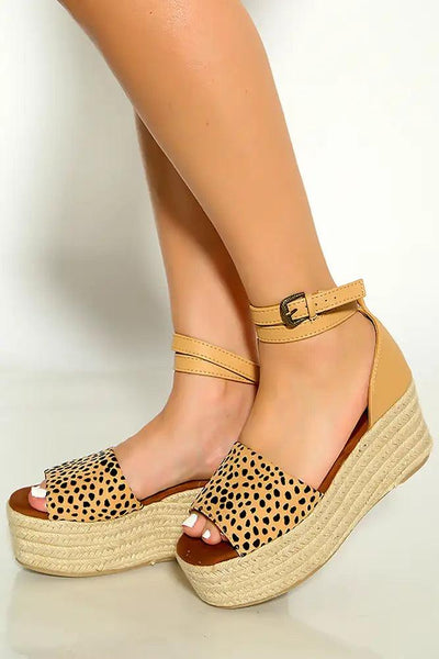 Tan Animal Print Wrap Around Ankle STrap Espadrille Wedges - AMIClubwear