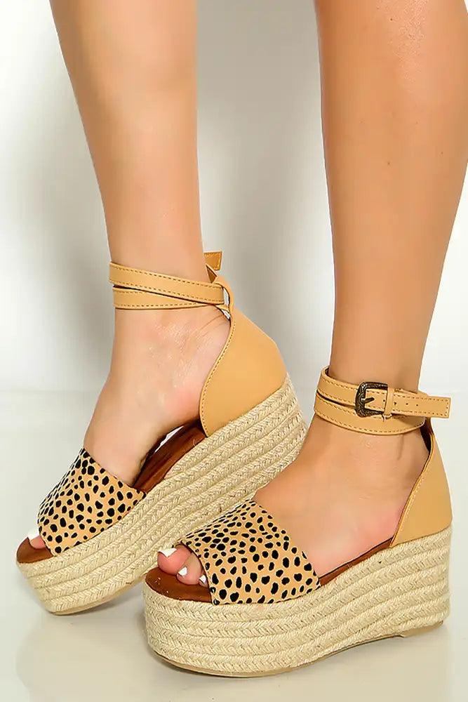 Tan Animal Print Wrap Around Ankle STrap Espadrille Wedges - AMIClubwear