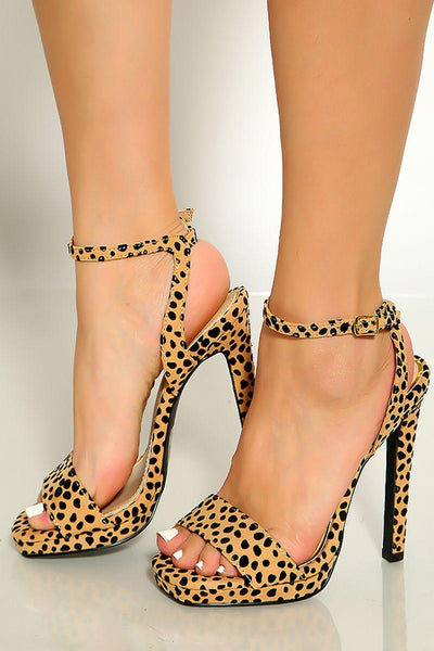 Tan Black Leopard Ankle Strap Open Toe High Heels - AMIClubwear