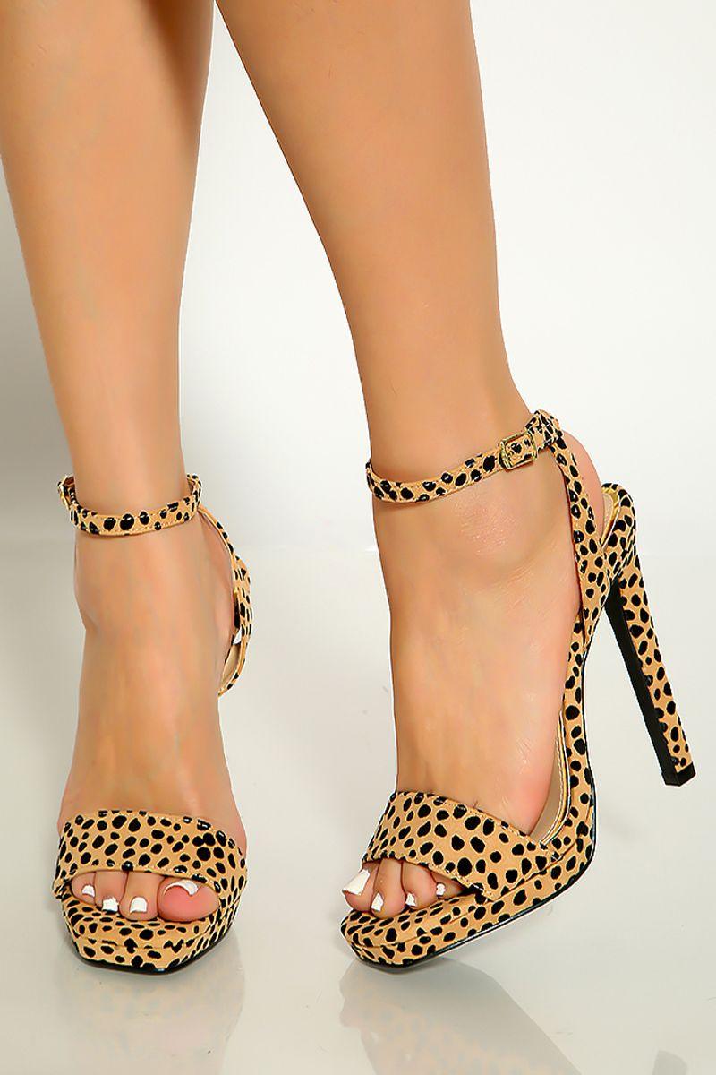 Tan Black Leopard Ankle Strap Open Toe High Heels - AMIClubwear