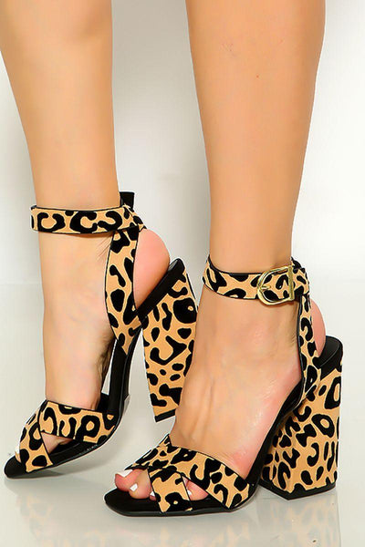 Tan Black Leopard Criss Cross Open Toe Chunky High Heels - AMIClubwear