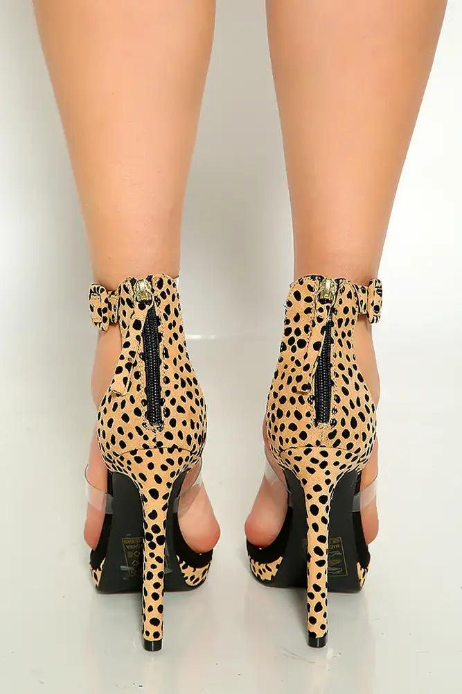 Tan Black Leopard Print Clear Straps High Heels Nubuck - AMIClubwear