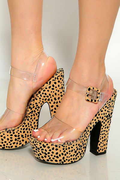 Tan Black Leopard Print Clear Straps Ope Toe Platform High Heels - AMIClubwear