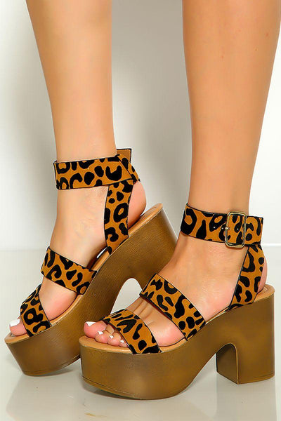 Tan Black Leopard Print Three Band Straps Platform Chunky Heels - AMIClubwear