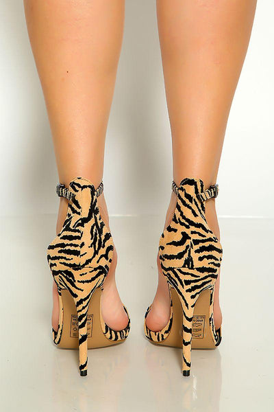 Tan Black Tiger Print Pointy Toe Front Buckle Detail Ankle Strap Single Sole High Heels - AMIClubwear