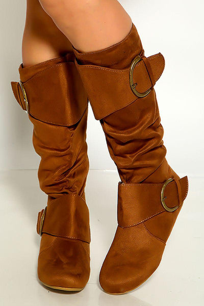 Tan Closed Round Toe Buckle Slouch Flat Boot - AMIClubwear