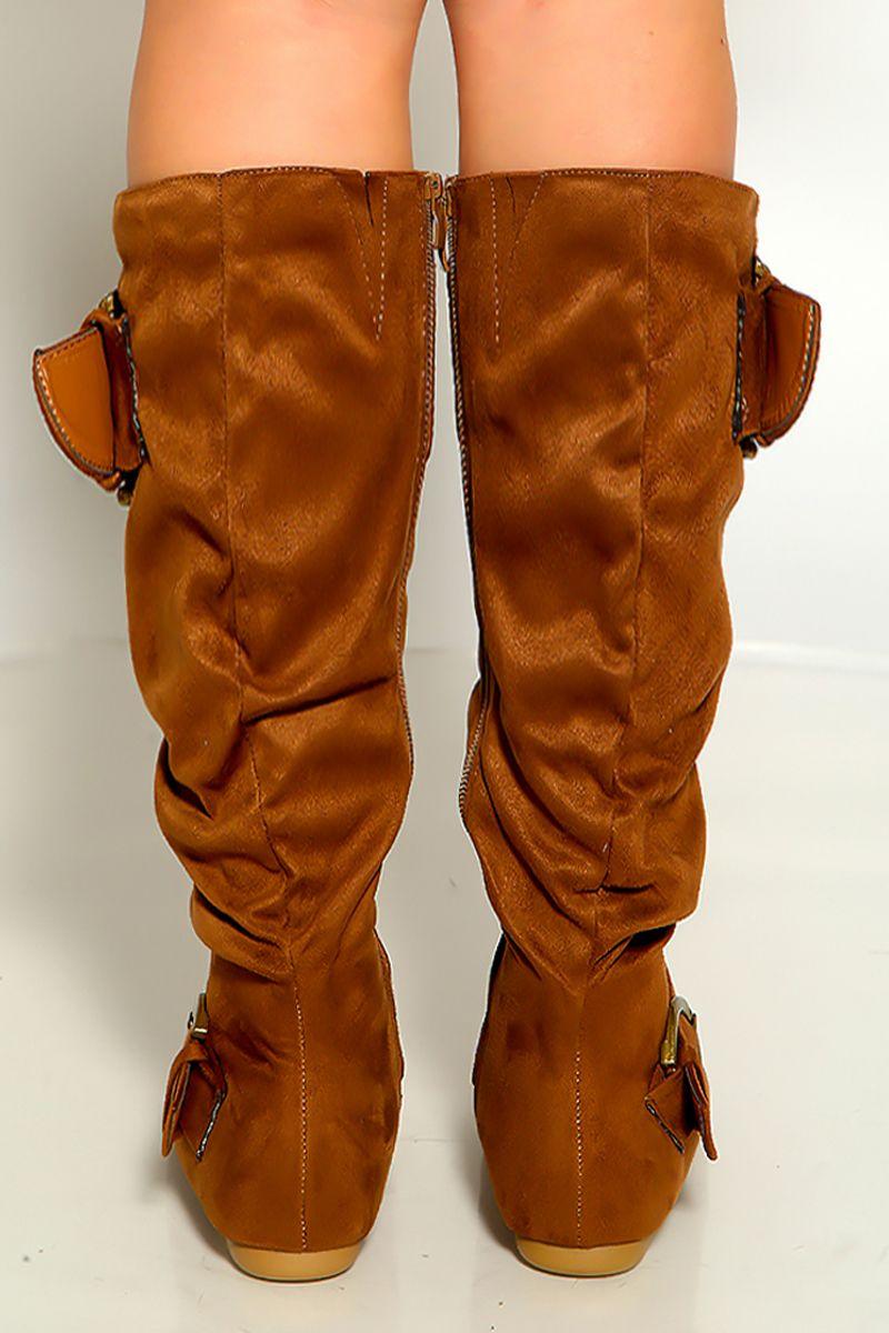 Tan Closed Round Toe Buckle Slouch Flat Boot - AMIClubwear