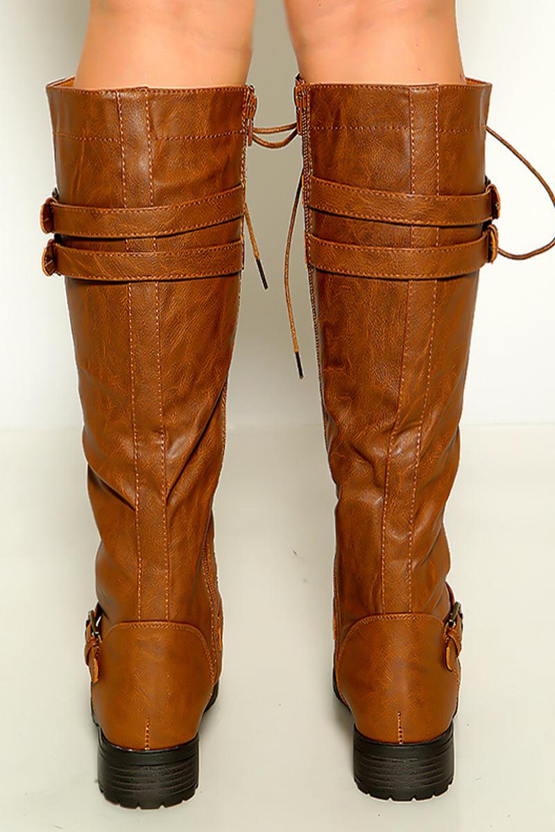 Tan Combat Lace Up Side Zipper Flat Knee High Boots - AMIClubwear