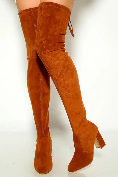 Tan Drawstring Over Knee Chunky High Heel Boots - AMIClubwear