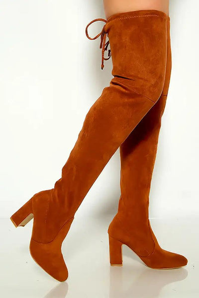 Tan Drawstring Over Knee Chunky High Heel Boots - AMIClubwear