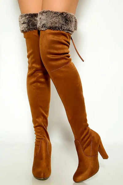 Tan Faux Fur Chunky High Heel Thigh High Boots - AMIClubwear