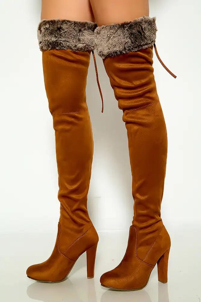 Tan Faux Fur Chunky High Heel Thigh High Boots - AMIClubwear