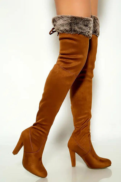 Tan Faux Fur Chunky High Heel Thigh High Boots - AMIClubwear