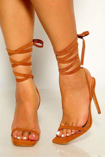 Tan Faux Suede Open Toe Lace Up High Heels - AMIClubwear