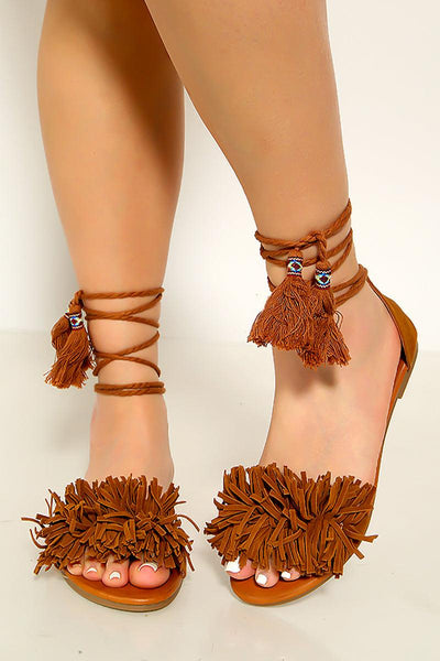 Tan Fringe Wrap Around Lace Up Sandals - AMIClubwear