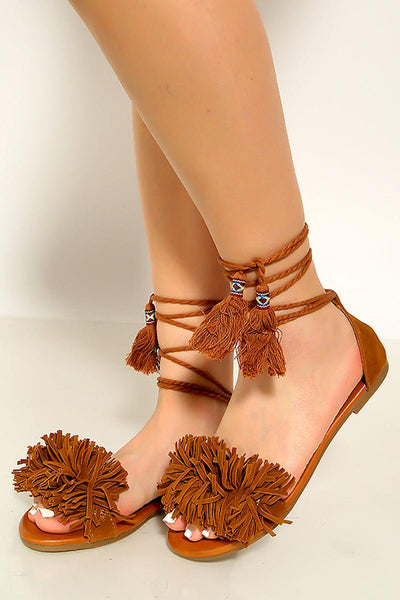 Tan Fringe Wrap Around Lace Up Sandals - AMIClubwear