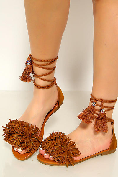 Tan Fringe Wrap Around Lace Up Sandals - AMIClubwear