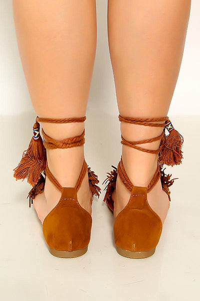 Tan Fringe Wrap Around Lace Up Sandals - AMIClubwear