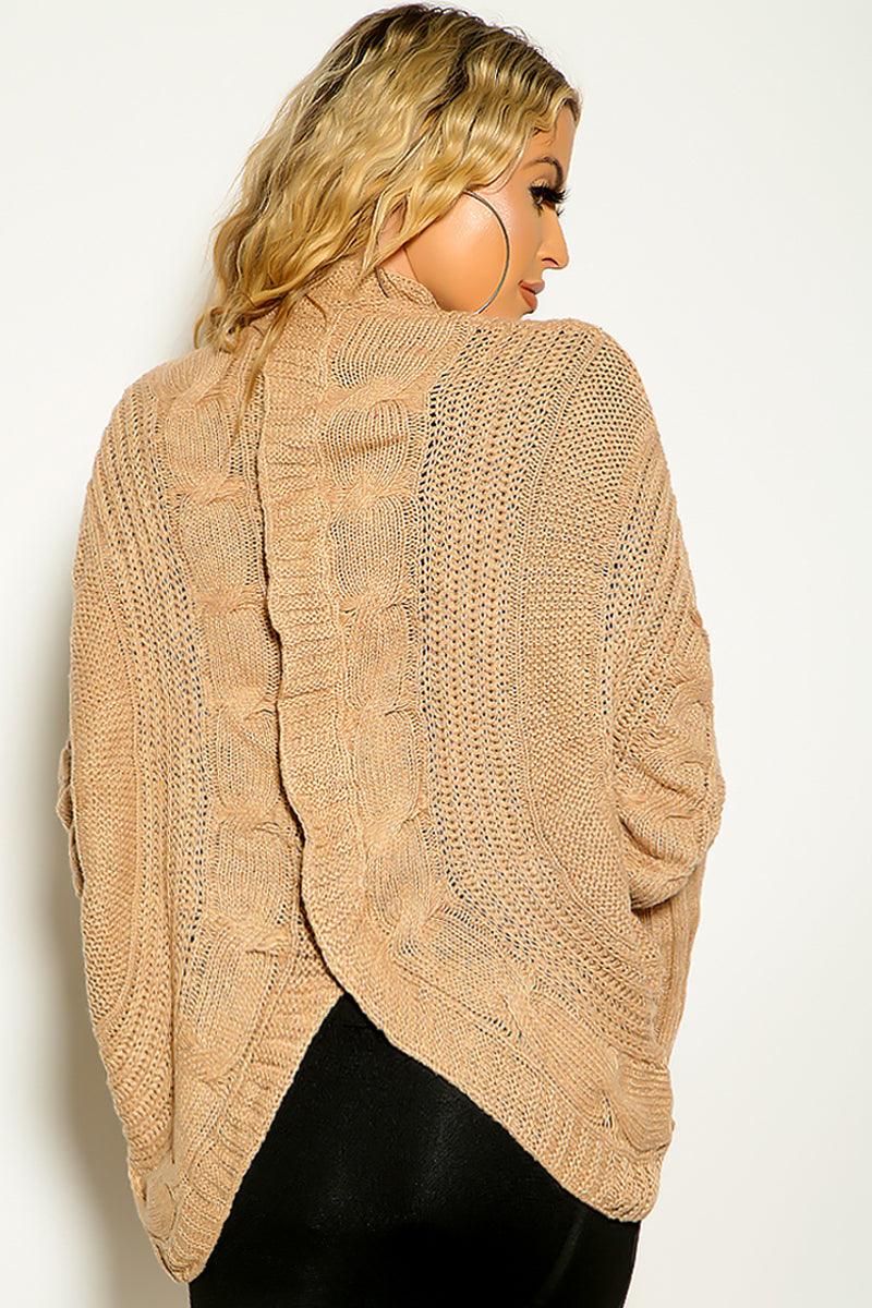 Tan Long Sleeve Asymmetrical Hem Cable Knit Sweater - AMIClubwear