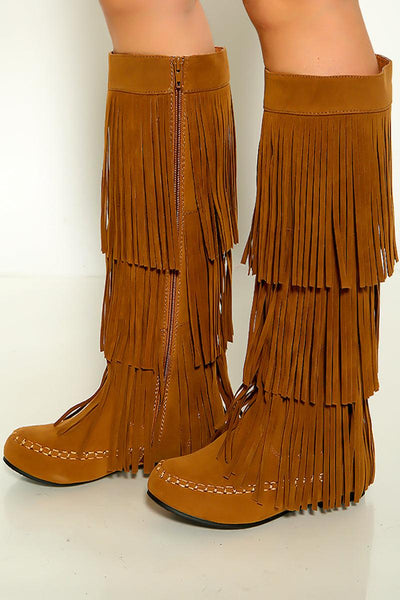 Tan Moccasin Fringe Knee High Suede Flat Boots - AMIClubwear