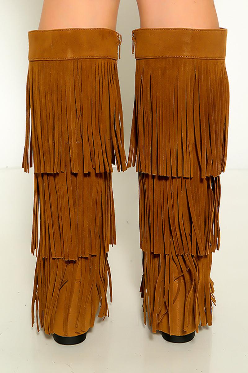 Tan Moccasin Fringe Knee High Suede Flat Boots - AMIClubwear