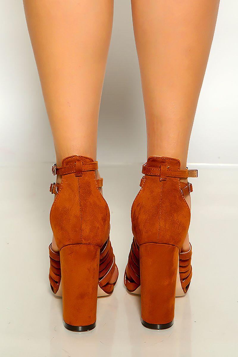 Tan Open Toe Strappy Faux Suede Chunky Heels - AMIClubwear