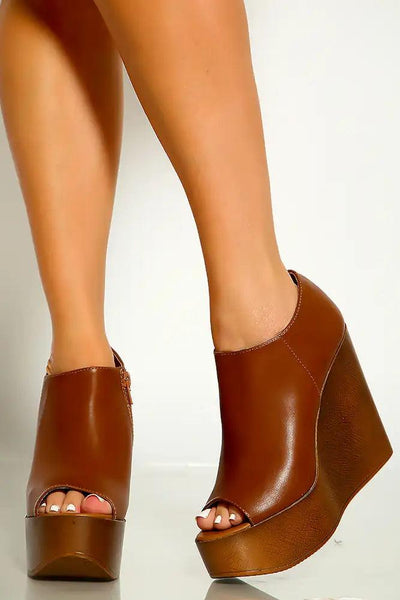 Tan Peep Toe Faux Leather Ankle Platform Wedges - AMIClubwear