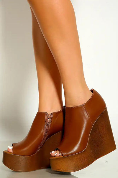 Tan Peep Toe Faux Leather Ankle Platform Wedges - AMIClubwear