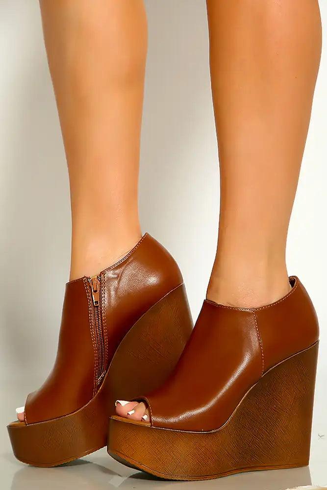 Tan Peep Toe Faux Leather Ankle Platform Wedges - AMIClubwear