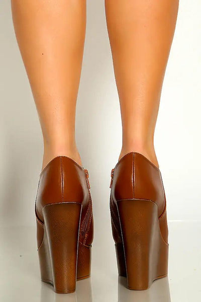 Tan Peep Toe Faux Leather Ankle Platform Wedges - AMIClubwear