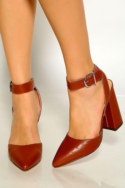 Tan Pointy Toe Ankle Strap Chunky Faux Leather Heels - AMIClubwear