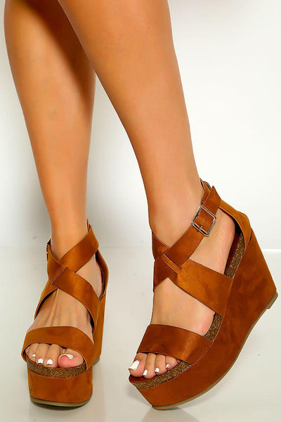 Tan Print Peep Toe Wrap Around Platform Wedges - AMIClubwear