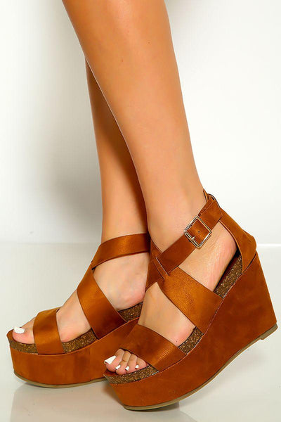 Tan Print Peep Toe Wrap Around Platform Wedges - AMIClubwear