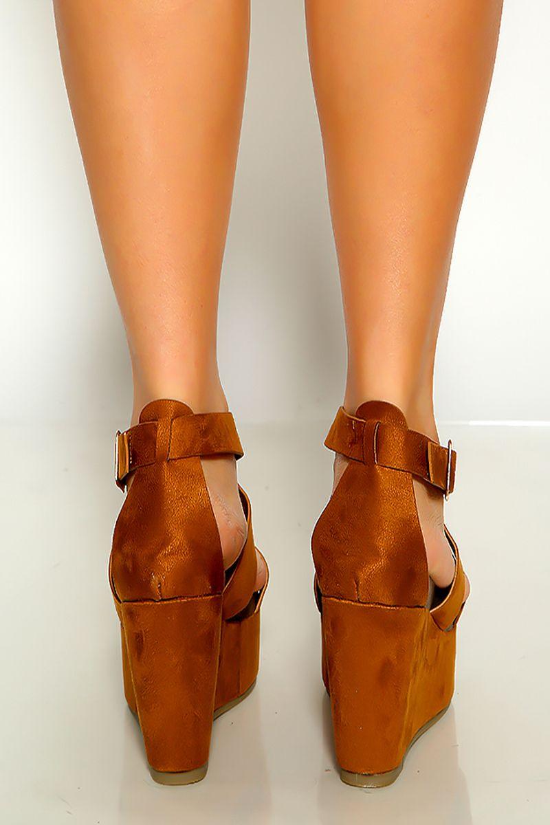 Tan Print Peep Toe Wrap Around Platform Wedges - AMIClubwear