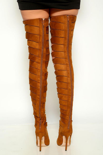 Tan Suede Lace Up High Heel Thigh High Boots Faux Suede - AMIClubwear
