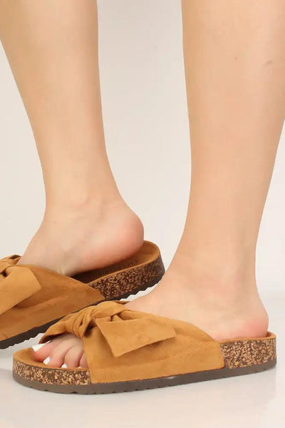 Tan Tie Knot Faux Suede Slip On Sandals - AMIClubwear
