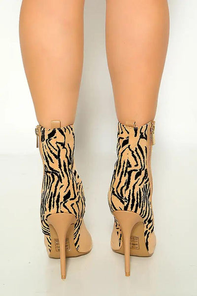 Tan Tiger Print Peep Toe Lycra High Heel Booties - AMIClubwear
