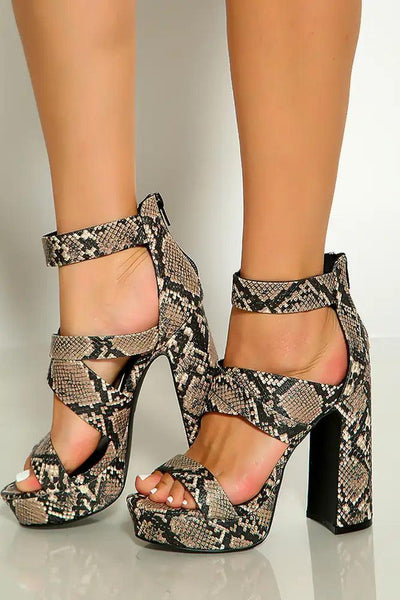 Taupe Black Snake Print Open Toe Strappy Platform Chunky High Heels - AMIClubwear