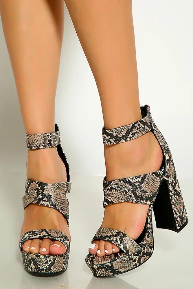 Taupe Black Snake Print Open Toe Strappy Platform Chunky High Heels - AMIClubwear