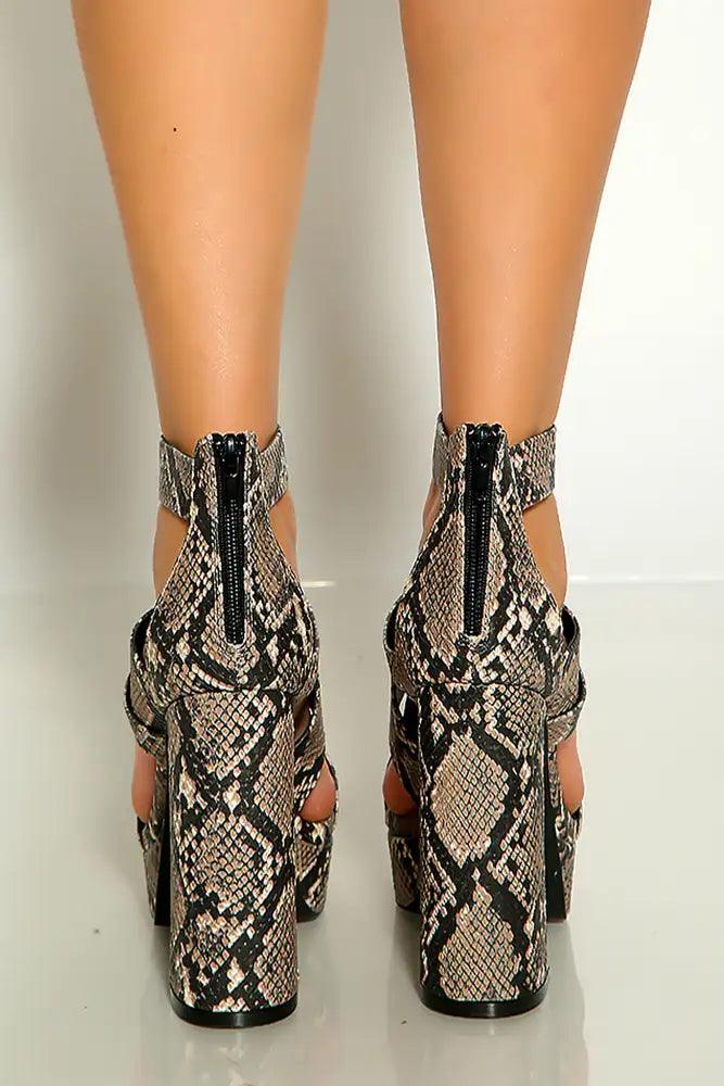 Taupe Black Snake Print Open Toe Strappy Platform Chunky High Heels - AMIClubwear