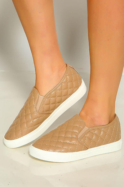 Taupe Close Toe Quilted Slip On Sneakers - AMIClubwear