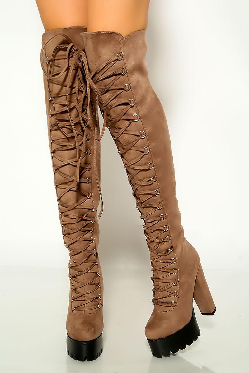Taupe Lace Up Round Toe Platform Chunky High Heels Boots - AMIClubwear
